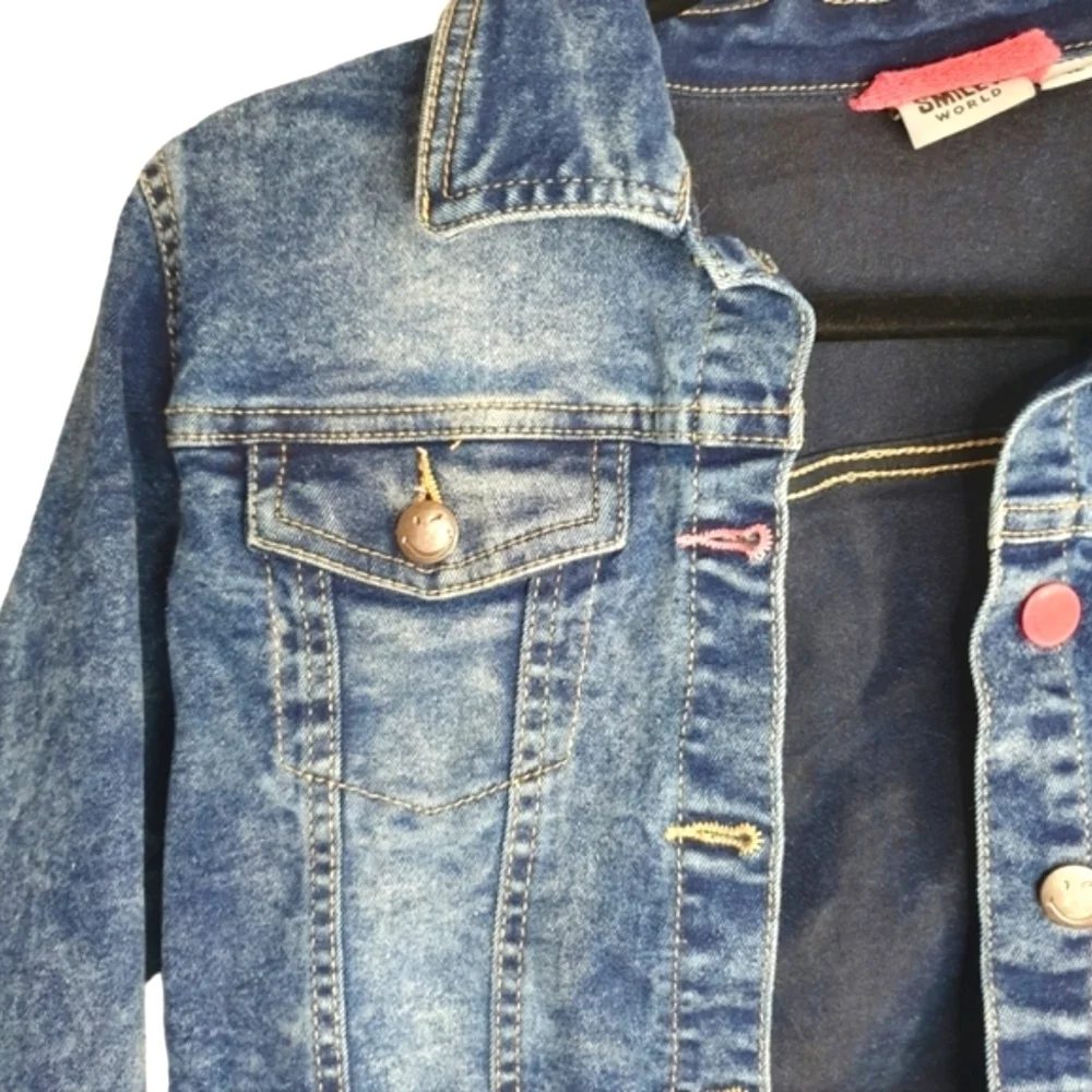 SMILEY WORLD Kids Cropped Punk Jean Trucker Jacket Yellow Smiley Face Girl Sz 12